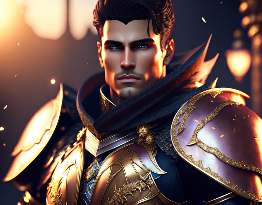 Male warrior in golden armor with purple cape in 3D illustration