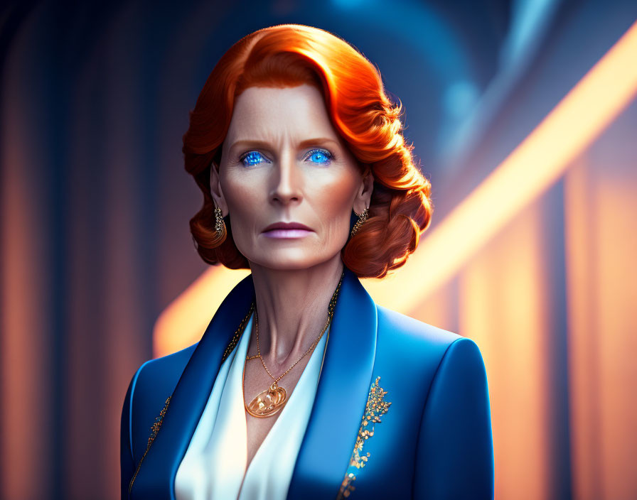 Digital artwork of determined woman with red hair in blue jacket, gold details, in blue and orange lit