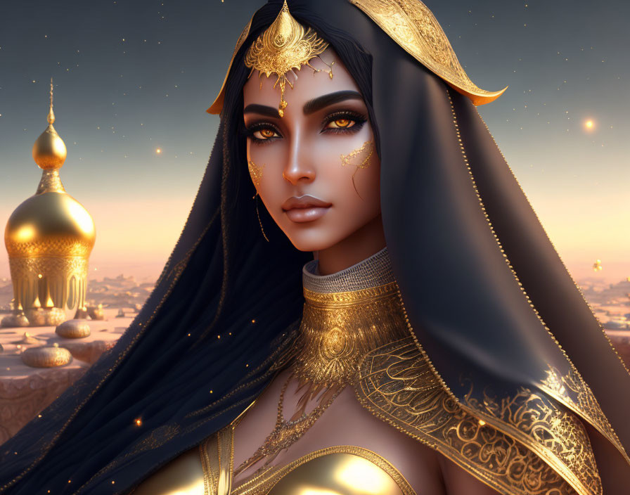 Illustration of woman in golden jewelry with desert city background