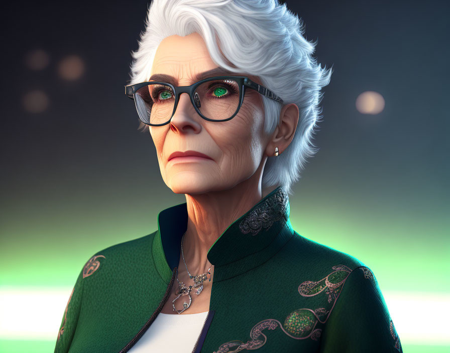 Stylized 3D animated elderly woman with white hair and green eyes in green jacket and glasses