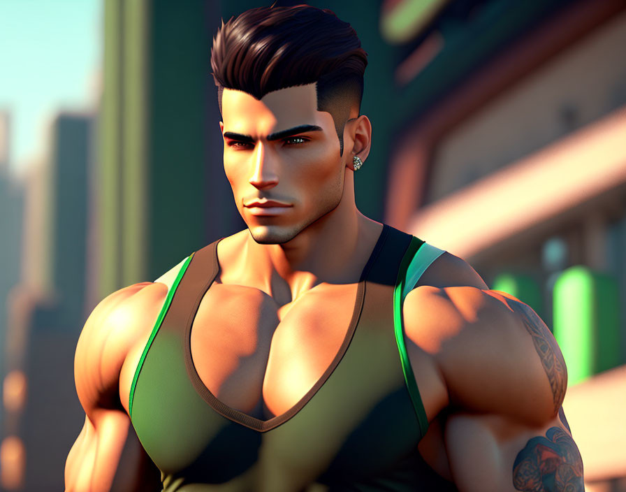 Muscular male character with dark hair, green tank top, tattoos on urban backdrop