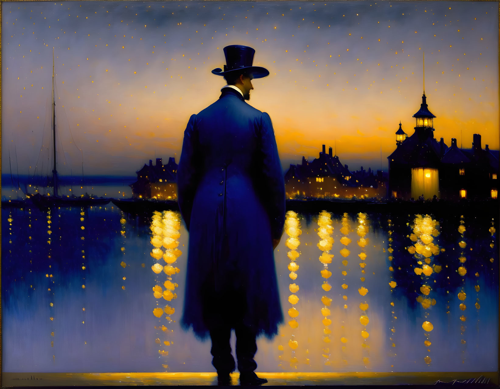 Figure in Hat Contemplates City Skyline at Twilight