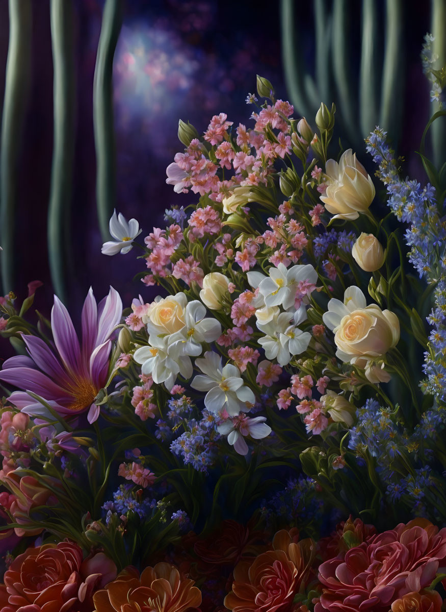 Assorted flowers painting in pink, white, and purple hues on dark mystical backdrop