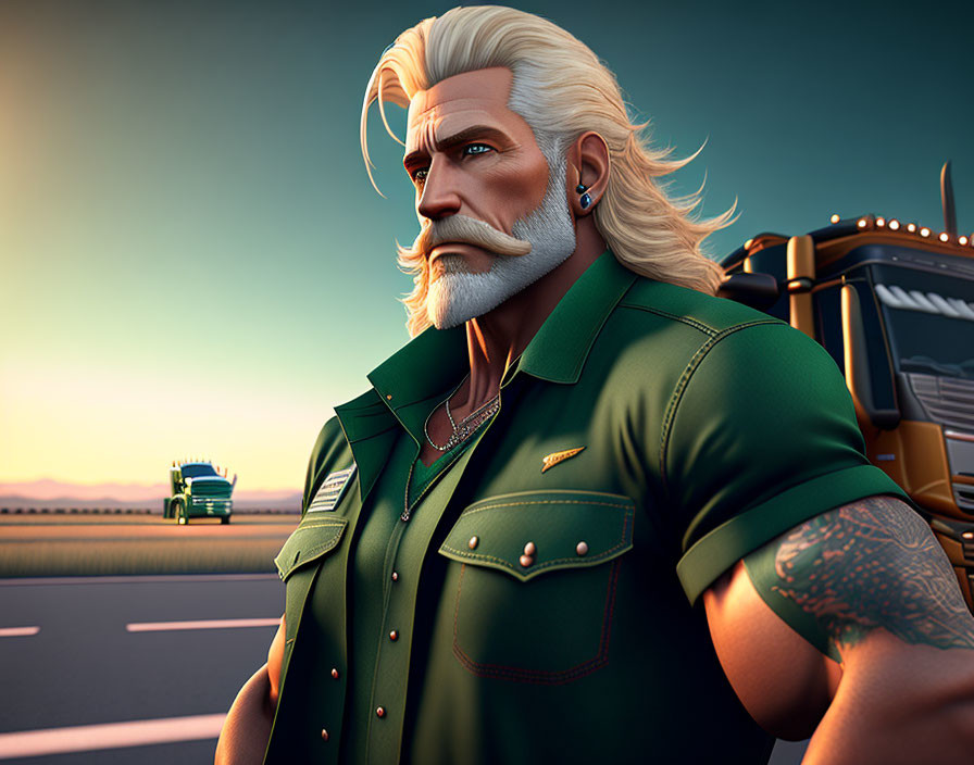 Digital illustration of rugged man with white beard, tattoos, and green shirt by highway at sunset