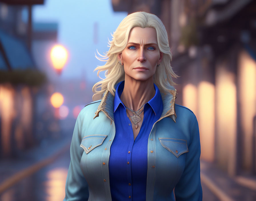 Blond woman with blue eyes in digital art portrait wearing blue jacket