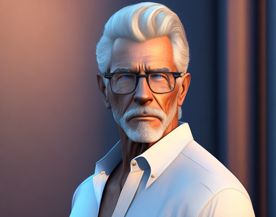 Elderly male animated character with white hair and beard in white shirt