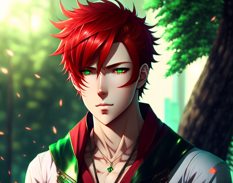 Vibrant red hair and green eyes on person in stylized animated image