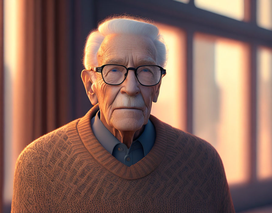 Elderly man in brown sweater and glasses with white hair.