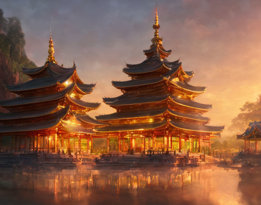 Golden Illuminated Traditional East Asian Pagodas Reflected on Tranquil Waters at Dusk