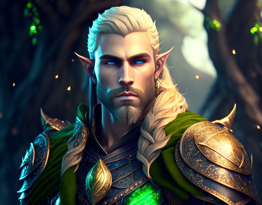 Majestic elf portrait in green and gold armor against enchanted forest