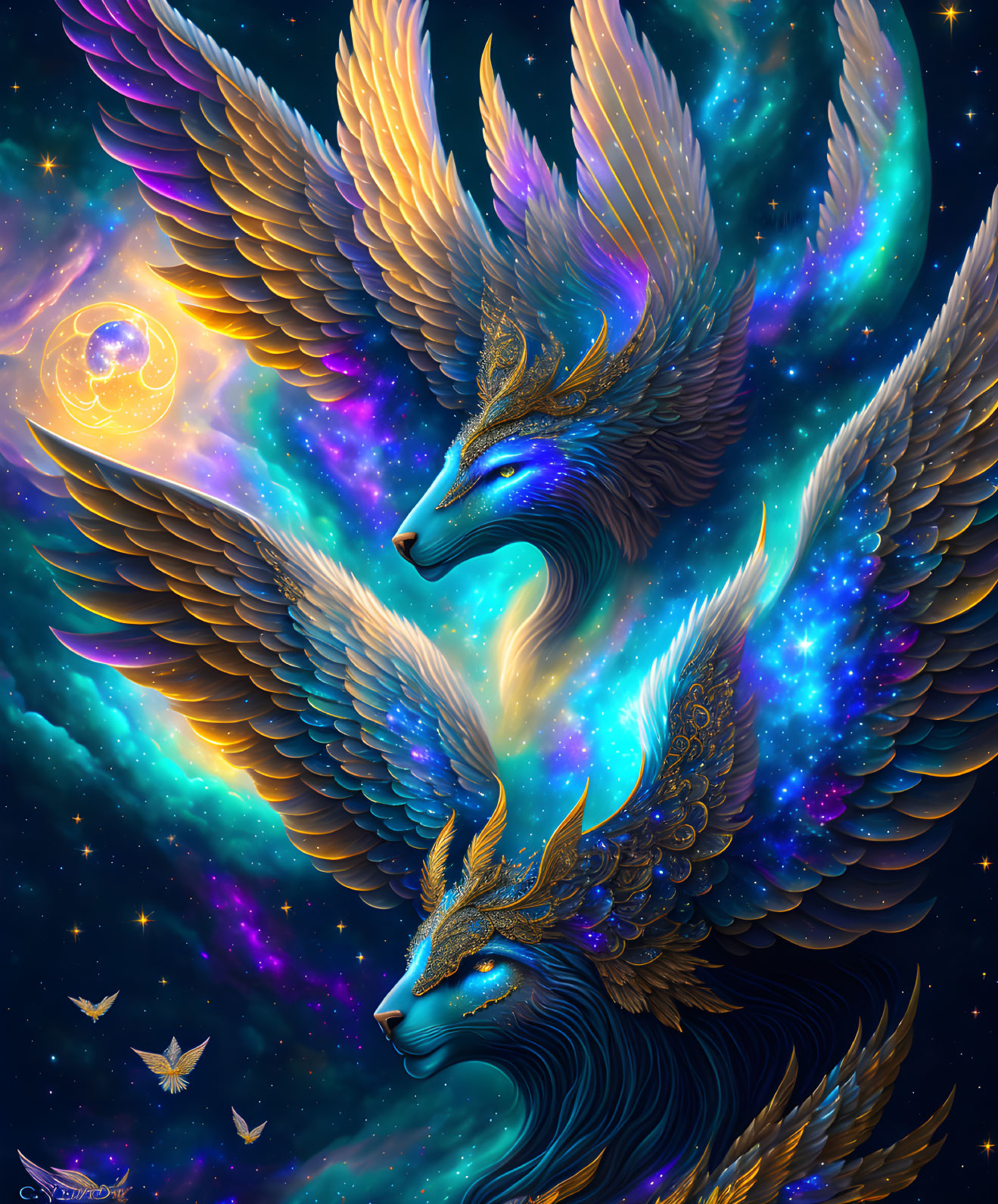 Cosmic-themed dragons with feathered wings in space