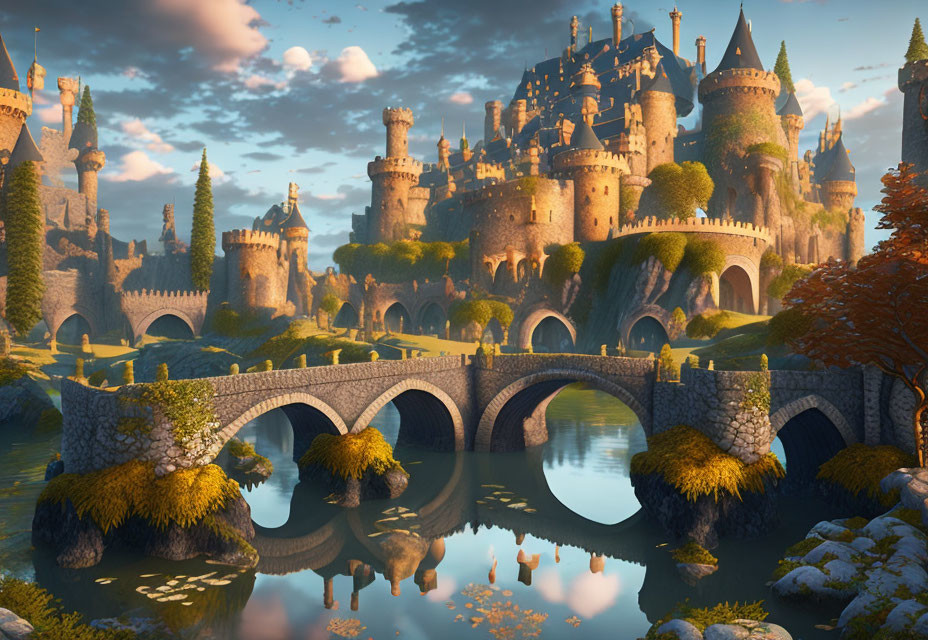 Elaborate castle and stone bridge in serene fantasy landscape