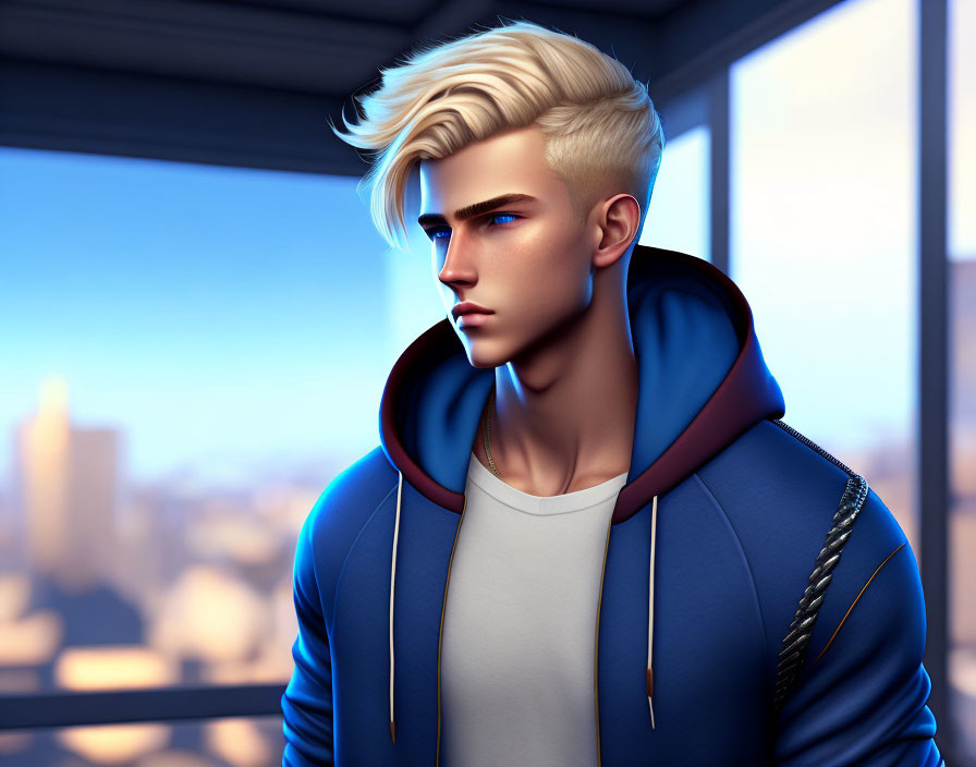 Blonde young man in blue hoodie gazes out window at dusk