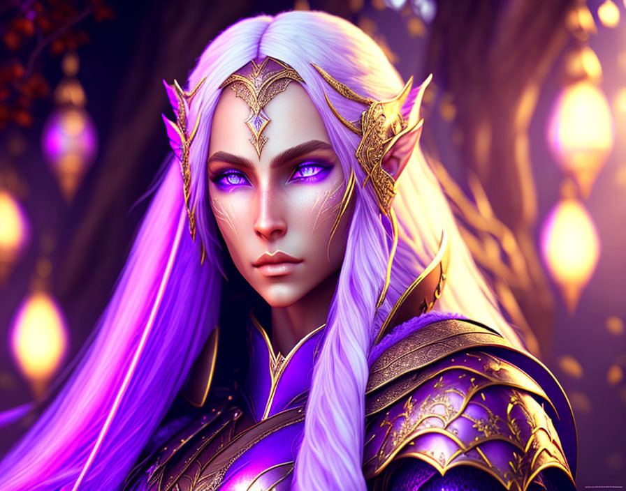 Elf with Violet Eyes in Golden Armor & White-Purple Hair