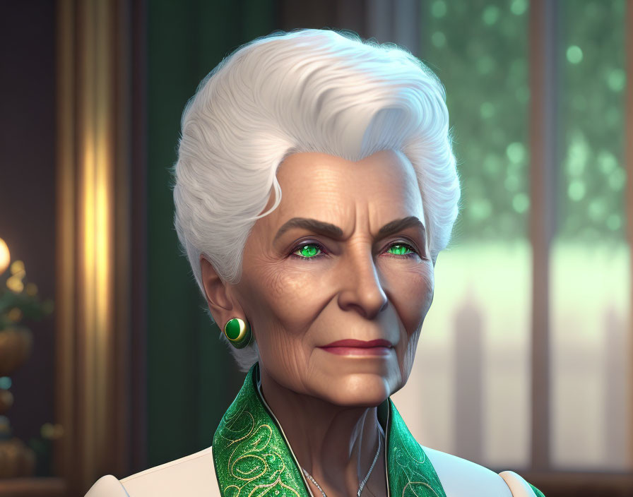 Elderly woman with white hair and green accessories in dignified pose.