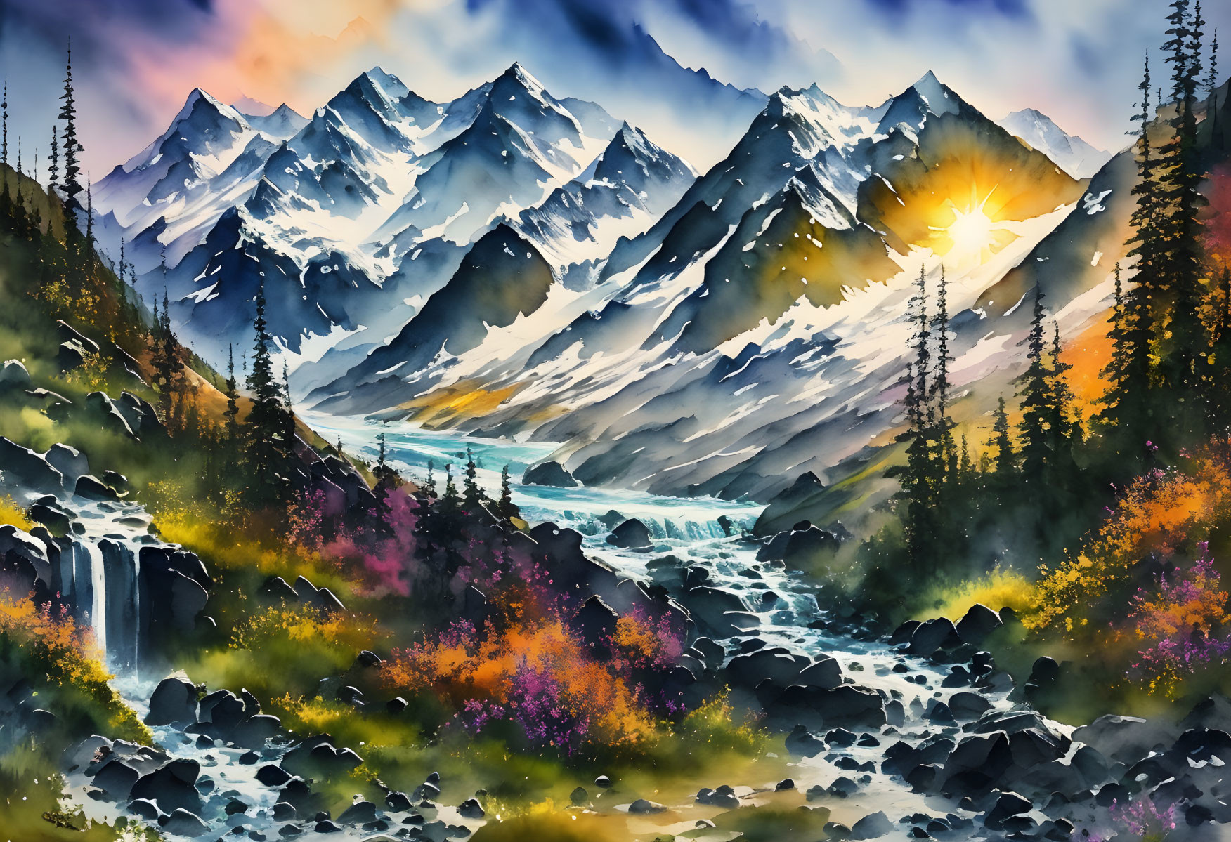 Colorful Watercolor Painting of Mountain Landscape with Waterfall and Sun