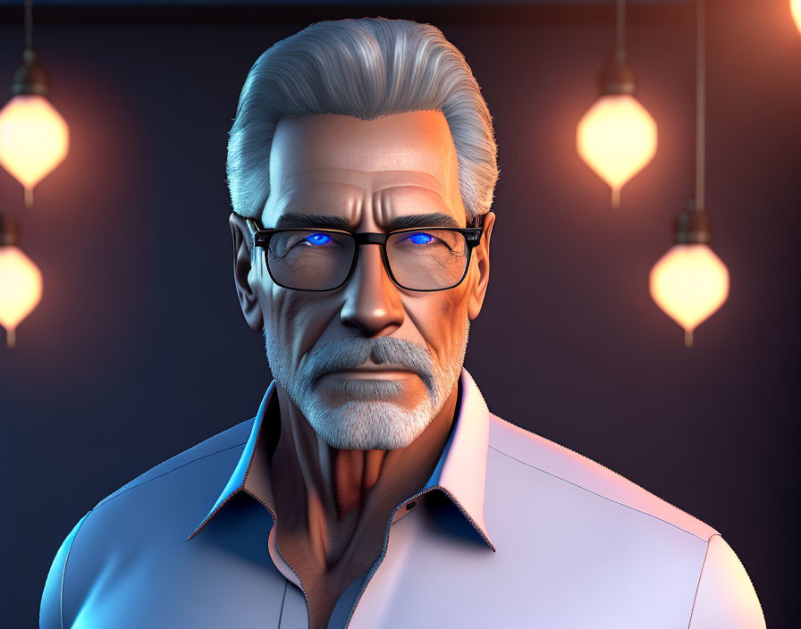 Elderly man 3D illustration: white hair, beard, glasses, light blue shirt