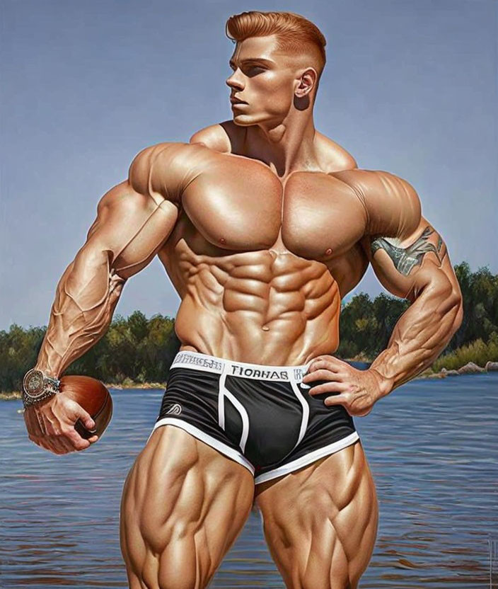 Hyperrealistic Illustration: Muscular Man in Black and White Briefs by Water