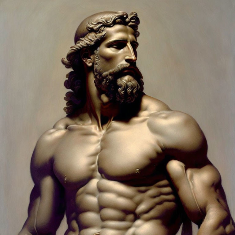 Muscular, Bearded Man Sculpture with Curly Hair