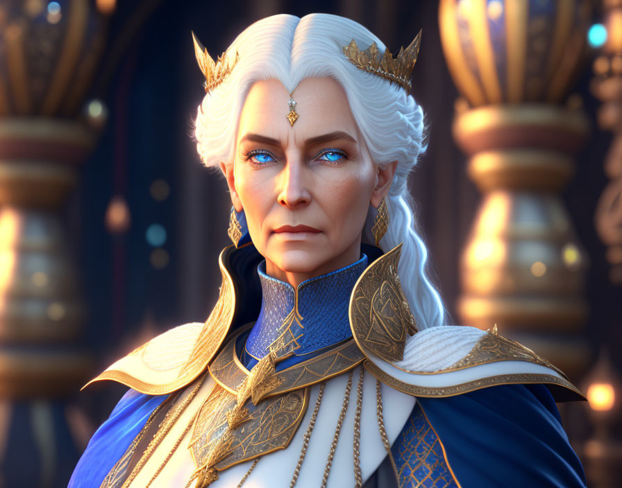 Regal figure in golden crown and blue robes with white hair gazes forward