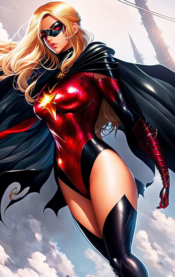 Blonde female superhero in red and black costume with star emblem