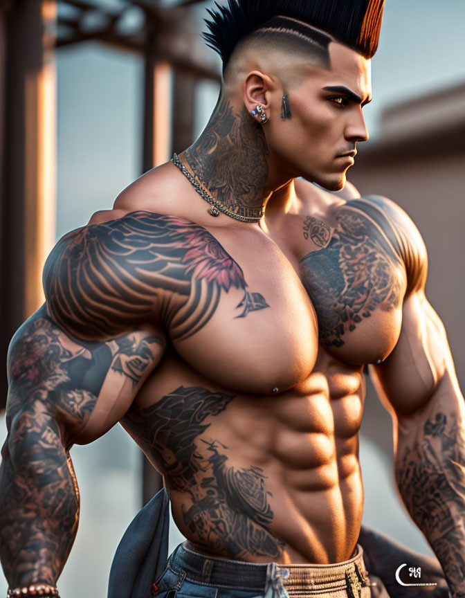 Muscular person with tattoos and mohawk in sunlit setting.