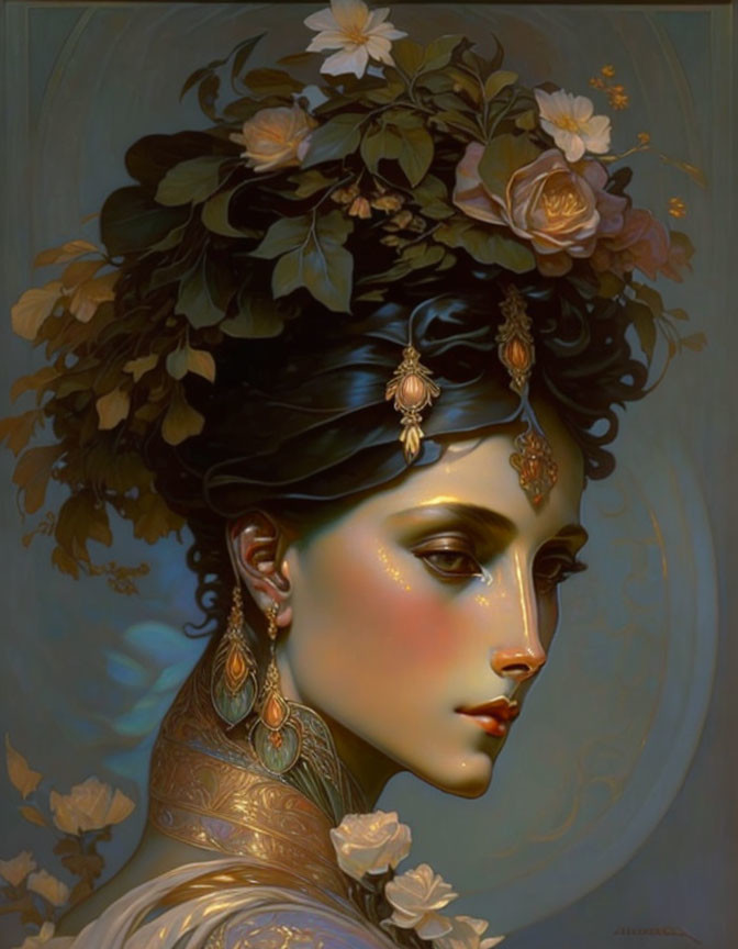 Woman with ornate floral headdress and serene expression