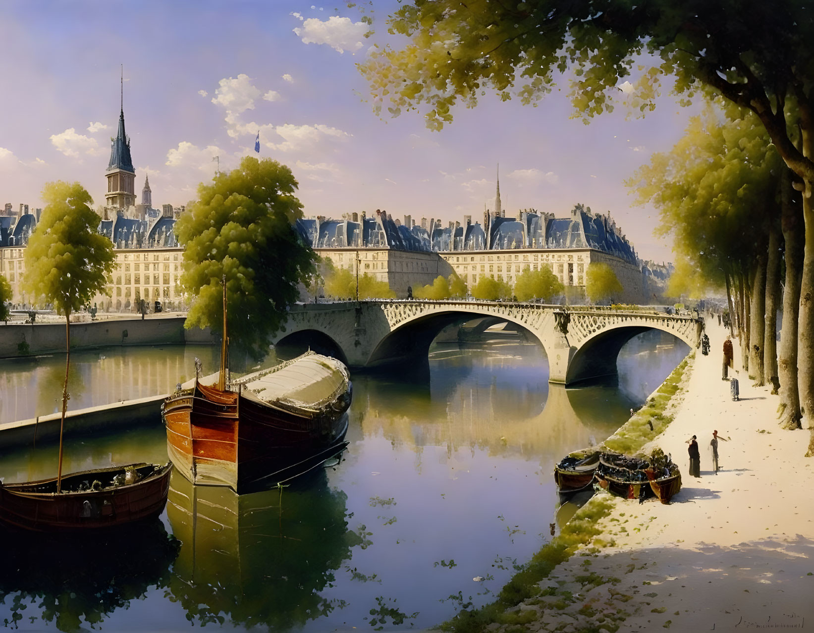 Tranquil riverside scene with boats, bridge, people, and city buildings