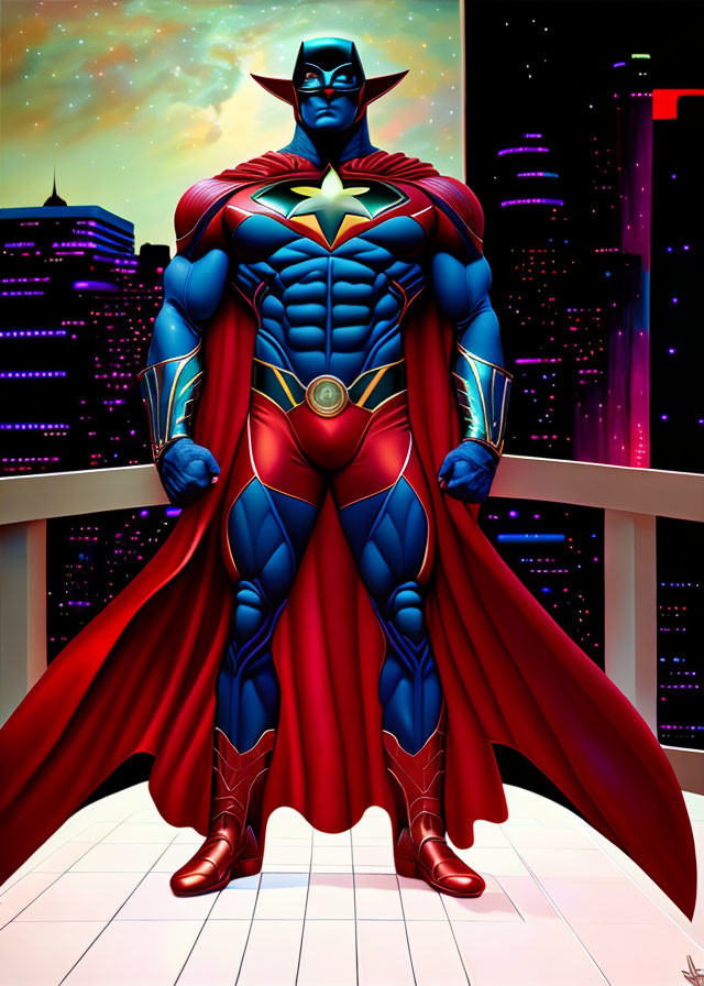 Muscular superhero in red and blue suit with star emblem and cape in nighttime cityscape.