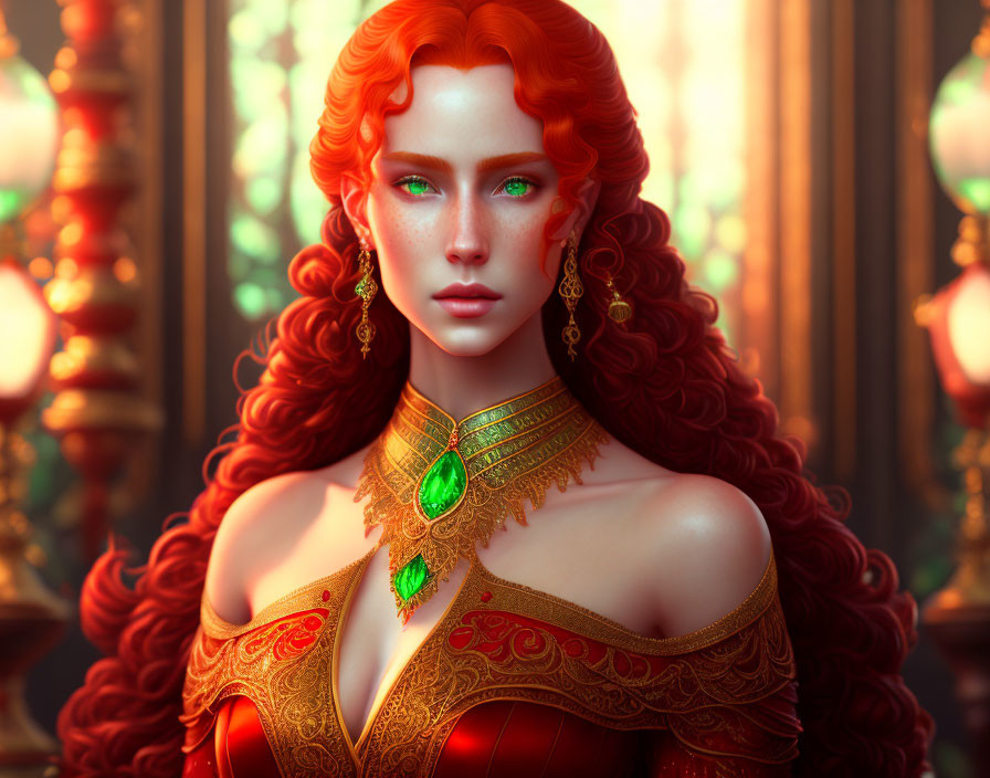 Digital artwork: Woman with red hair, emerald eyes, gold & green jewelry in red-lit