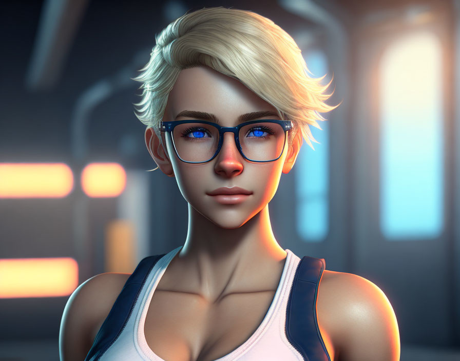 Blonde woman in blue glasses against futuristic backdrop