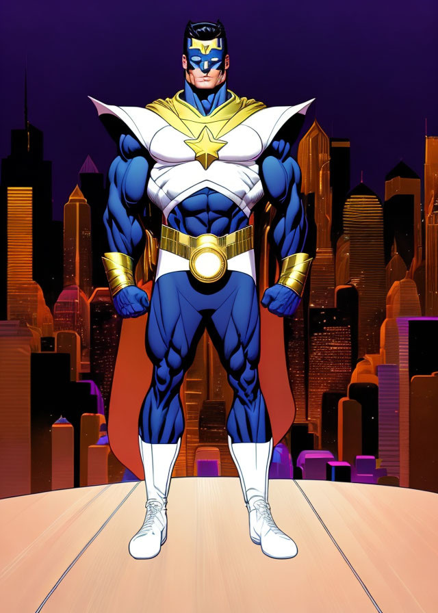 Muscular superhero in blue and white costume with cityscape backdrop