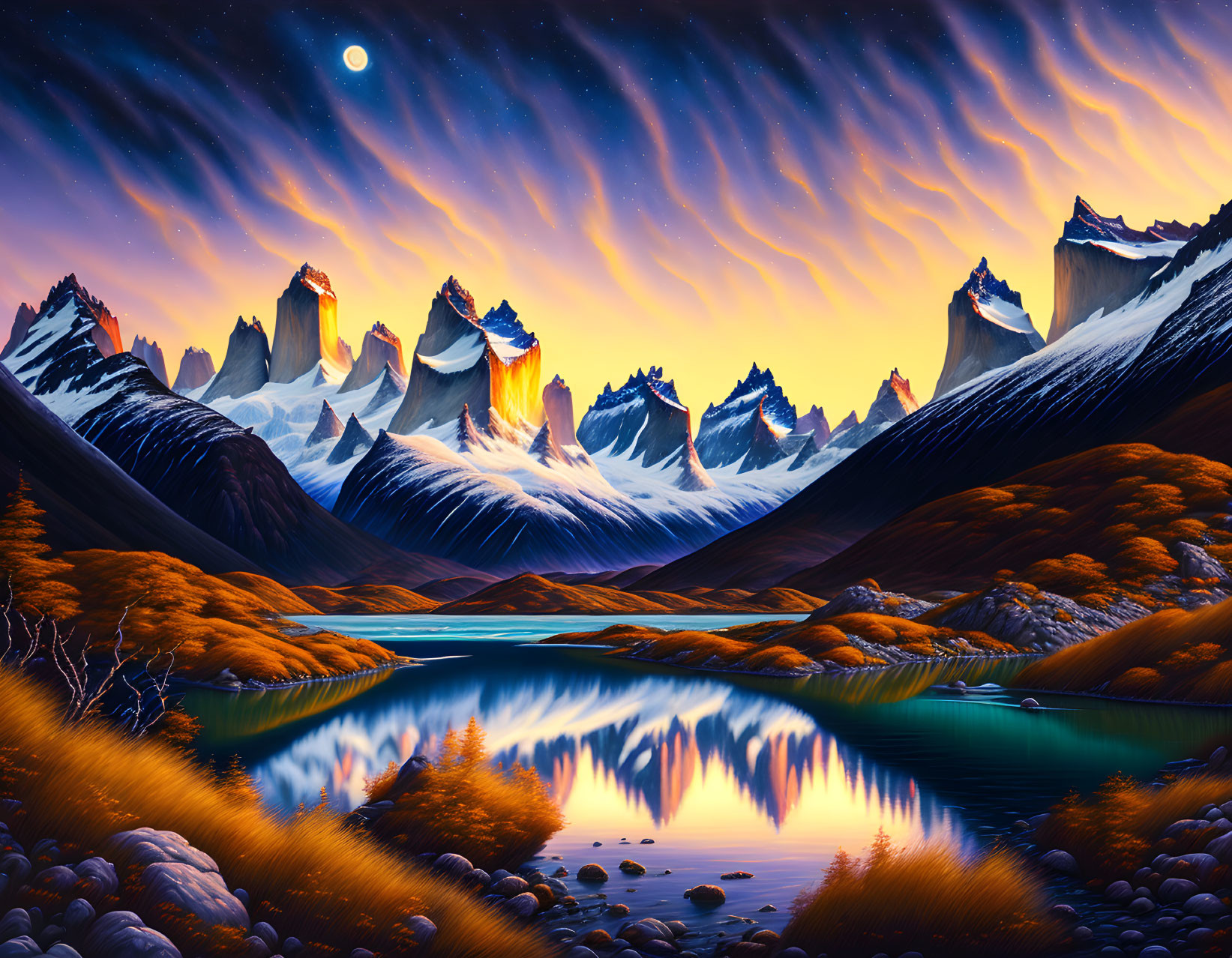 Surreal landscape with jagged peaks, illuminated night sky, reflective lake, autumn foliage