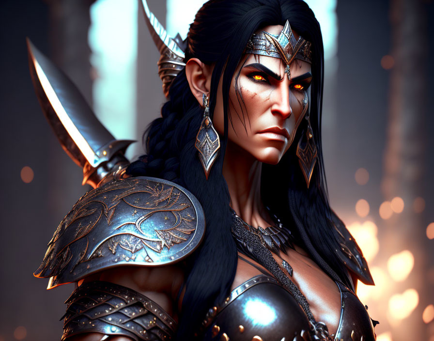 Female warrior in dark armor with sharp shoulder pads and angular diadem