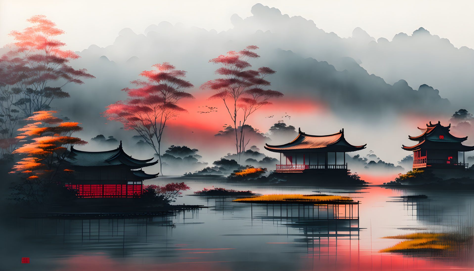 Asian Pagoda-style Buildings Surrounded by Misty Lake, Red Foliage, and Mountains