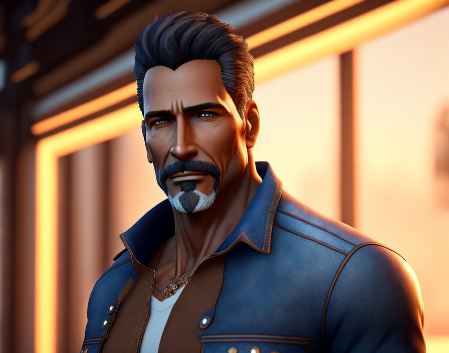 Stylized 3D illustration of man with groomed beard in blue leather jacket