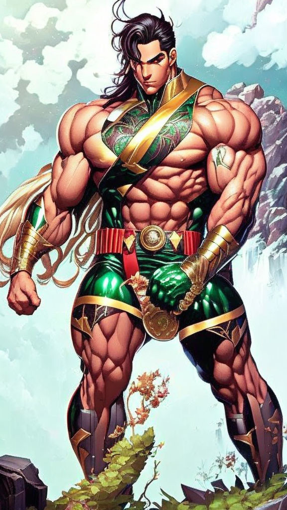 Muscular superhero with long black hair in green and gold costume against mountainous backdrop