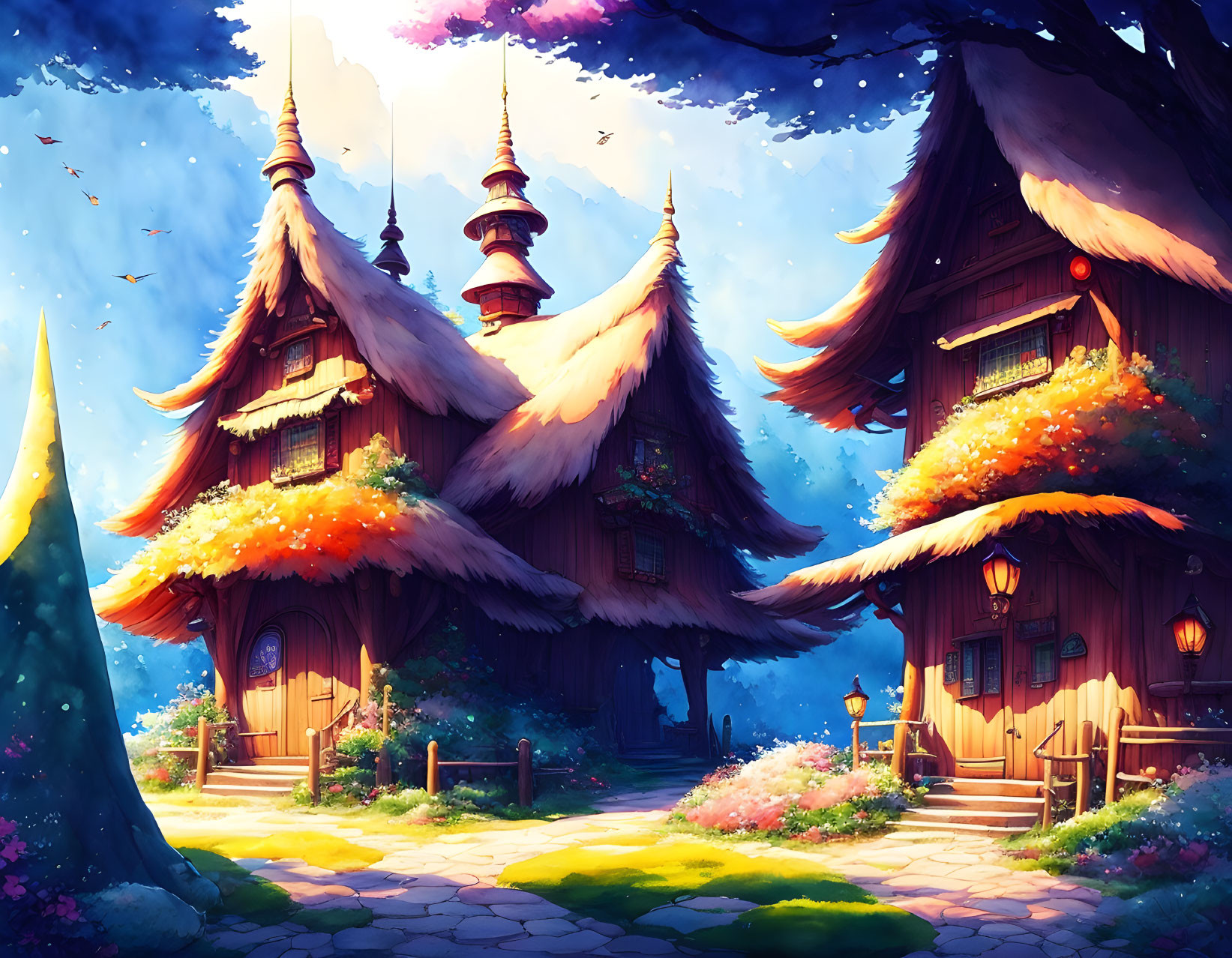 Fantasy artwork: Idyllic village with treehouses, blossoming trees, and blue sky.