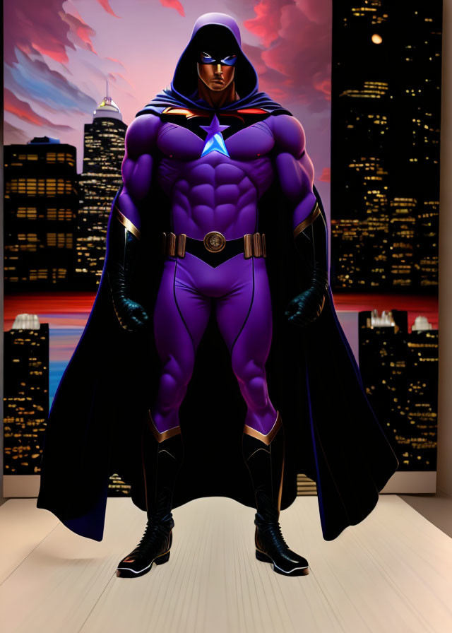 Superhero in Purple and Blue Costume Stands in City Skyline at Dusk