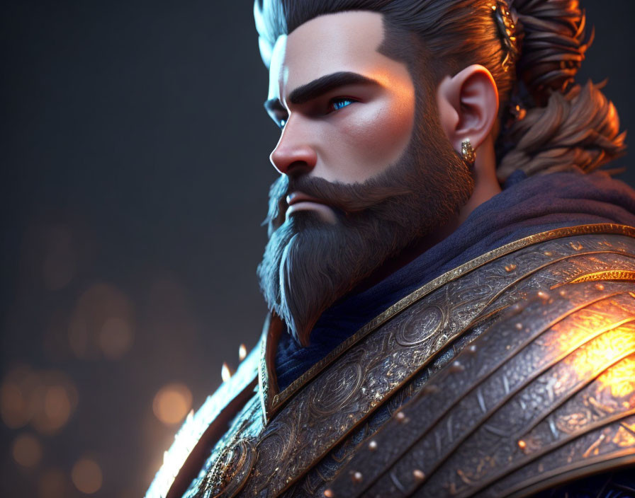 Detailed 3D-rendered male character with ornate armor and stern expression