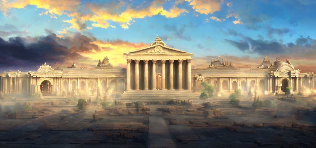 Ancient Greco-Roman temple complex at sunset with grand columns