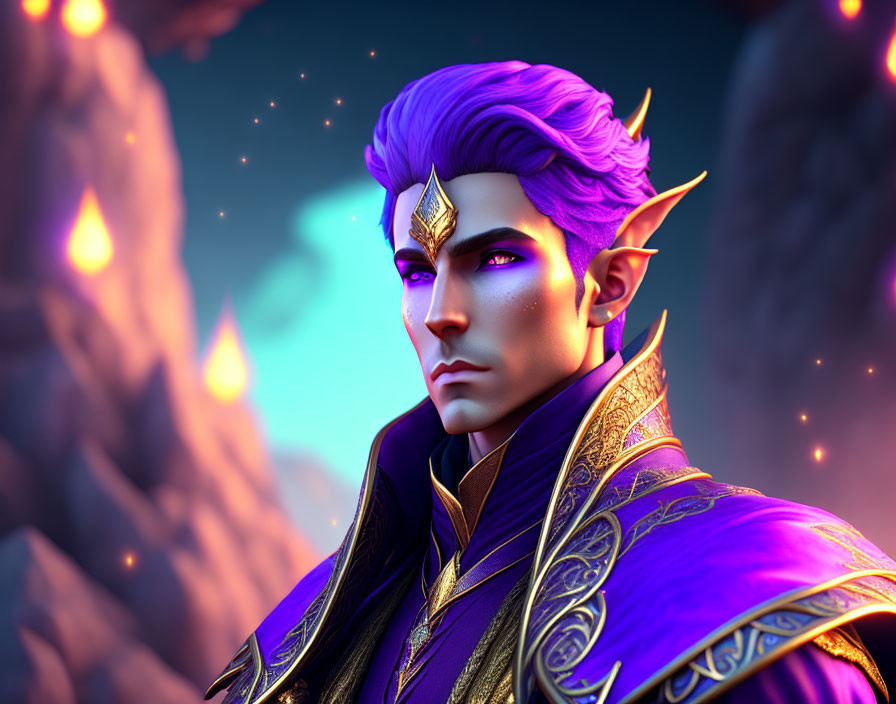 Purple-skinned male figure in regal attire against fiery twilight backdrop