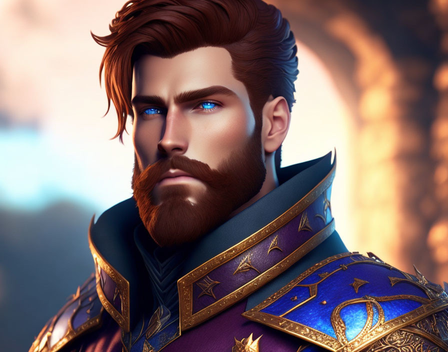 Man with Strong Jawline in Blue & Gold Armor Portrait