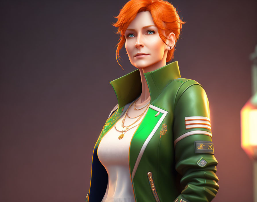 Red-haired female character in green & white jacket with gold accessories in 3D render.