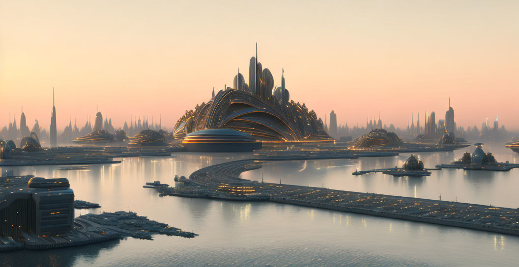 Futuristic cityscape at sunrise with sleek buildings and illuminated bridges