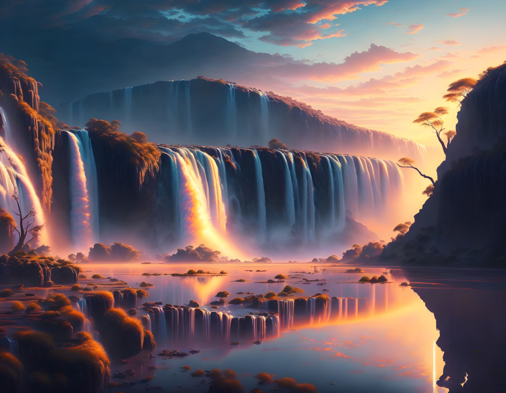 Sunset waterfall cascading over cliff into tranquil river