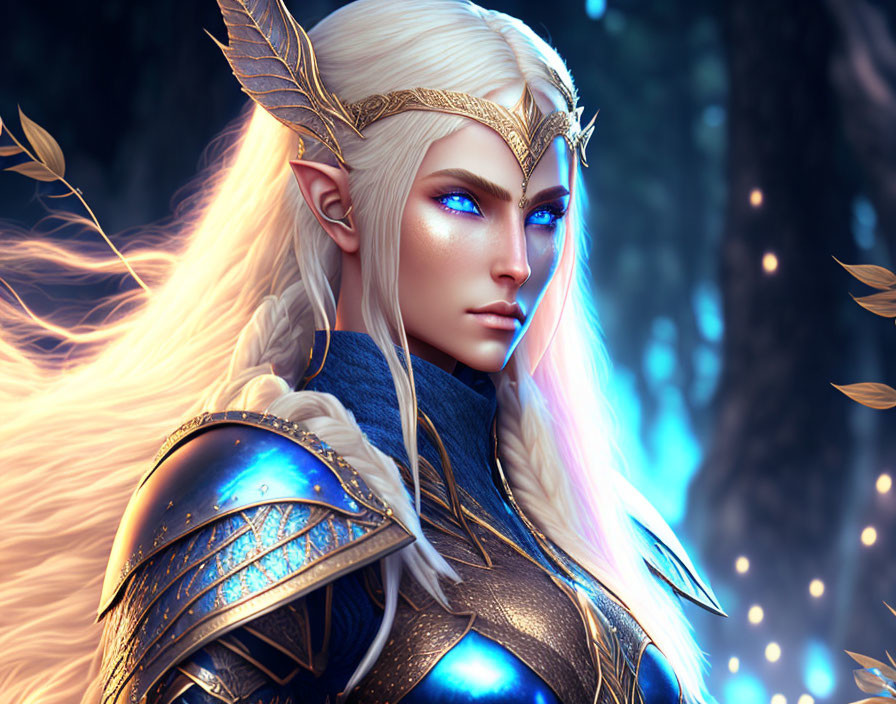 Fantasy elf with blue eyes, golden hair, crown, and armor in mystical forest