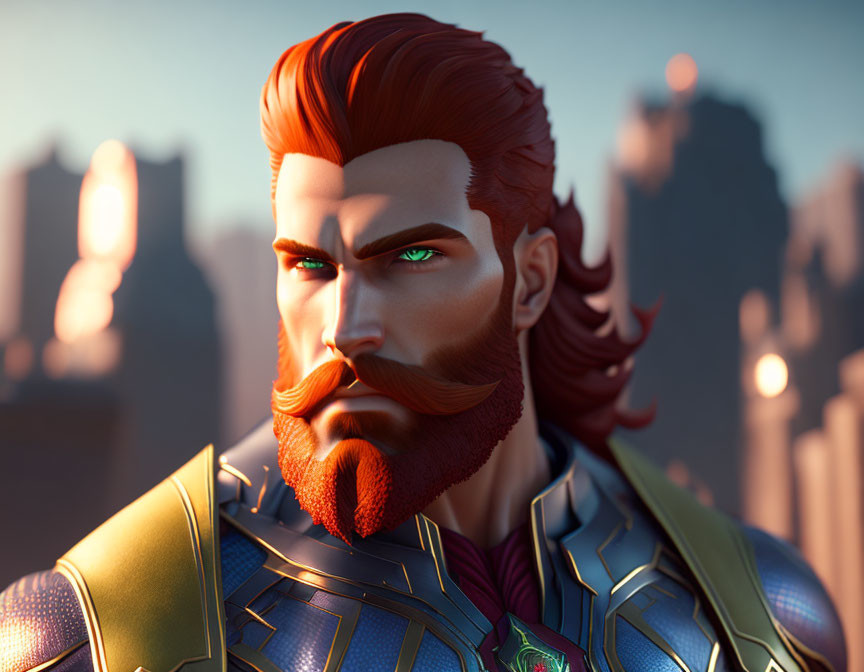 Stylized male character with green eyes, red hair, and futuristic armor in urban backdrop