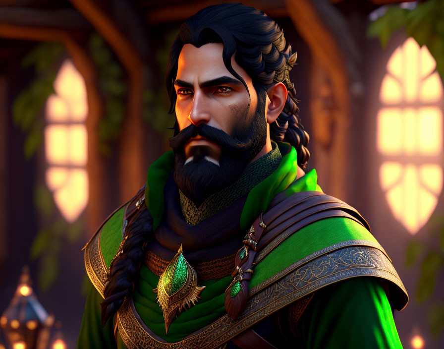 Bearded animated character in green cloak under orange light