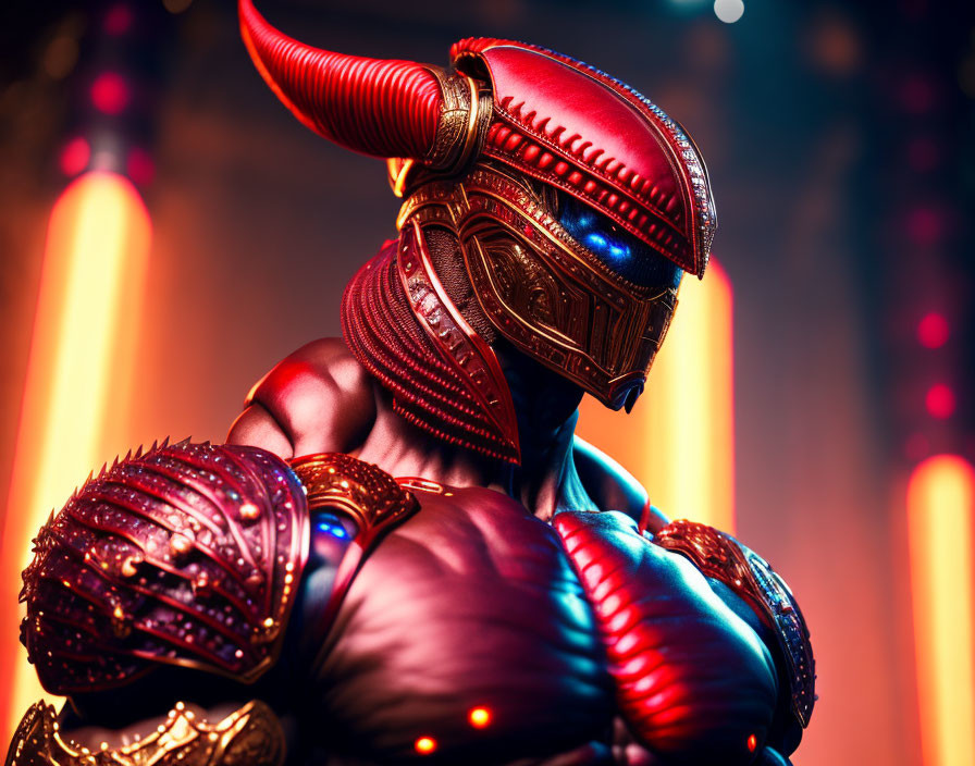 Character in ornate armor with glowing elements against backdrop with vertical light beams